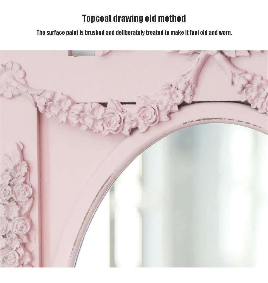 French Retro Makeup Mirror Dressing Table Pink Princess Decorative Mirror Wooden Resin Hand-carved Wall Mirror Wall Home Decor