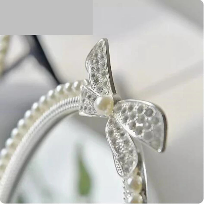 7-inch Single Face Pearl Decor Metal Frame Silver Plated Tabletop Makeup Mirror Decorative Mirrors For Fashion Room Decor J16