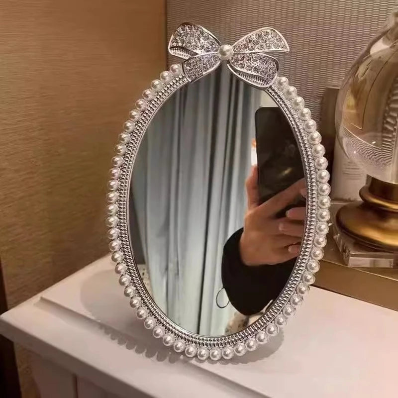 7-inch Single Face Pearl Decor Metal Frame Silver Plated Tabletop Makeup Mirror Decorative Mirrors For Fashion Room Decor J16