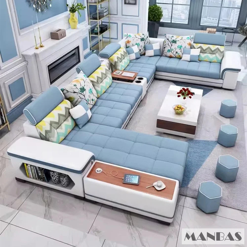 Big U-Shape Coth Living Room Sofa Sets with USB, Speaker, Stools,Bluetooth - Linlamlim Fabric Sectional Sofas for Home Furniture
