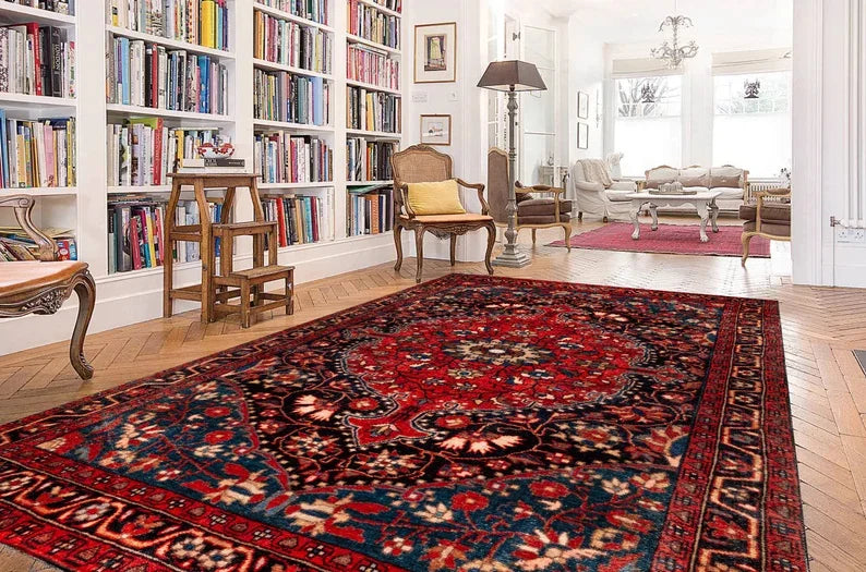 Oriental Medallion Red Area Rug Rustic Mid Century Modern Small Red Dark Blue Carpet Rugs for Living Room Bedroom Dining Room