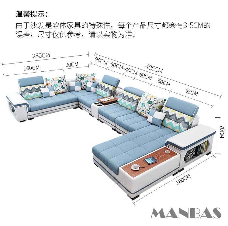 Big U-Shape Coth Living Room Sofa Sets with USB, Speaker, Stools,Bluetooth - Linlamlim Fabric Sectional Sofas for Home Furniture