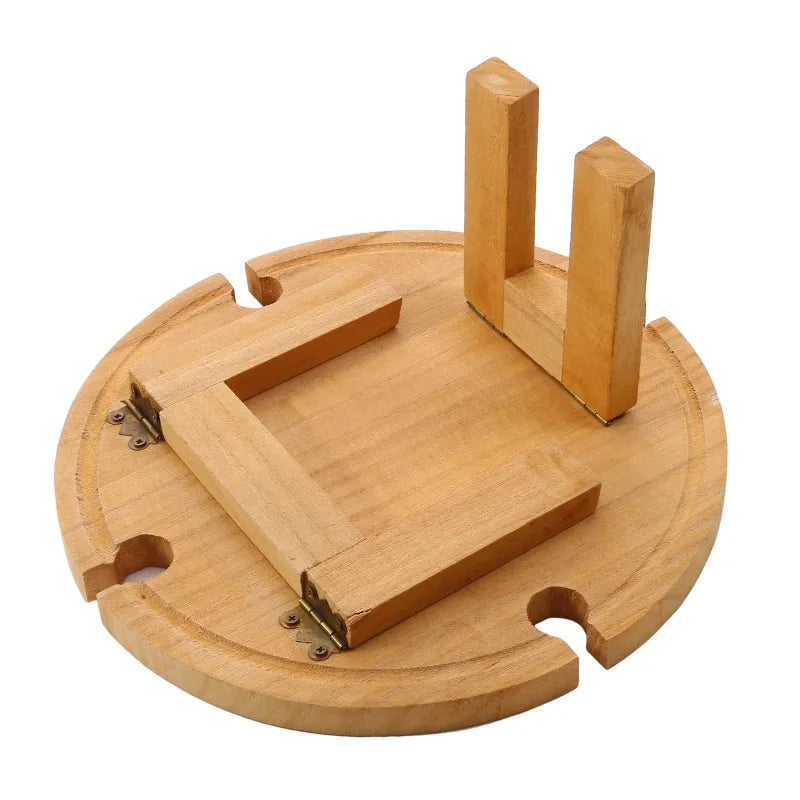 1Pc Wooden Round Foldable Tables Dried Fruit Tray With Wine Glass Holder For Outdoor Picnic Garden Party Fruit Snack Pastry Tray