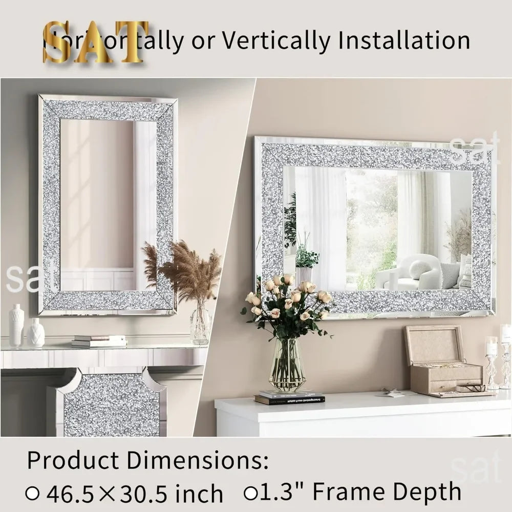 Crystal Crush Diamond Wall Mirror, 46.5 x 30.5 Inch Silver Mirror for Wall Decor, Large Wall Mirrors for Living Room, Bathroom