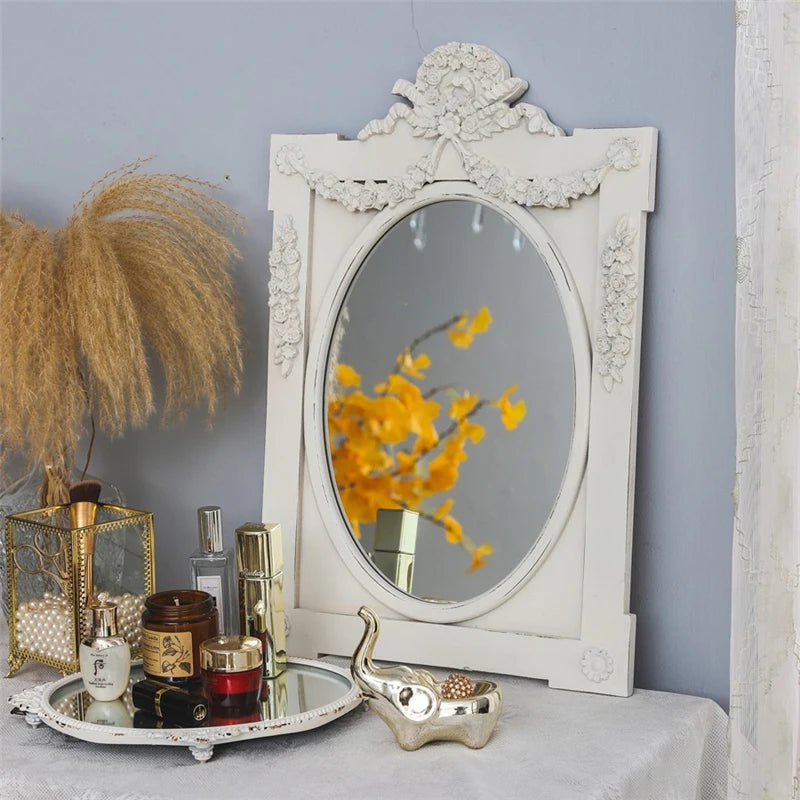 French Retro Makeup Mirror Dressing Table Pink Princess Decorative Mirror Wooden Resin Hand-carved Wall Mirror Wall Home Decor