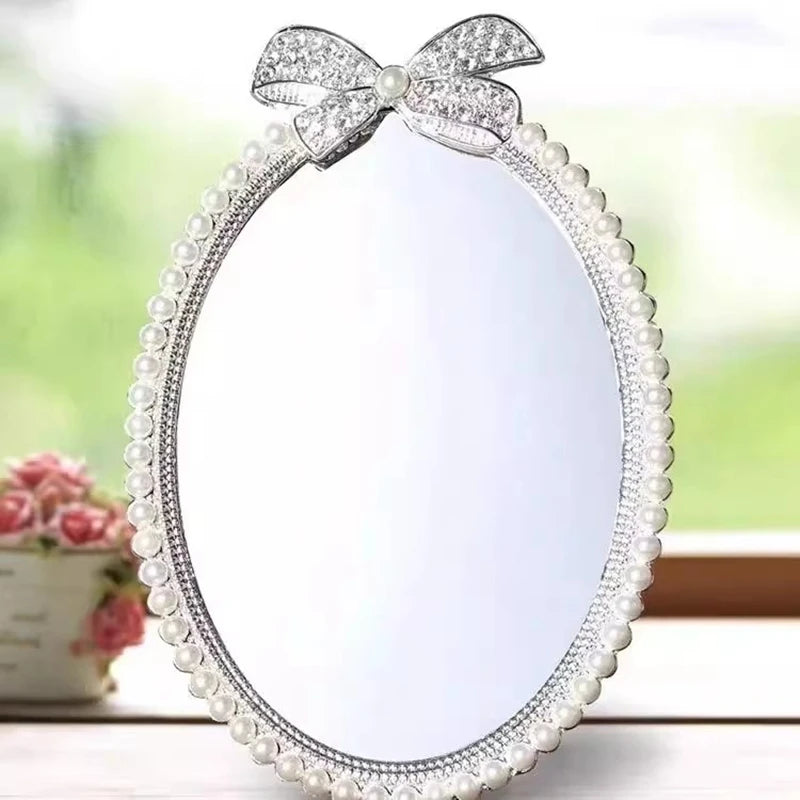 7-inch Single Face Pearl Decor Metal Frame Silver Plated Tabletop Makeup Mirror Decorative Mirrors For Fashion Room Decor J16
