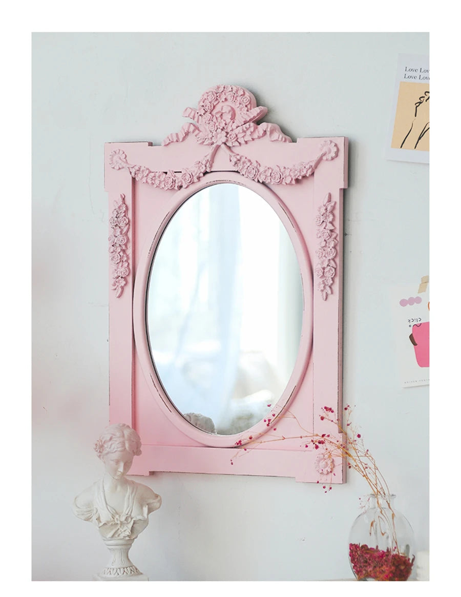 French Retro Makeup Mirror Dressing Table Pink Princess Decorative Mirror Wooden Resin Hand-carved Wall Mirror Wall Home Decor