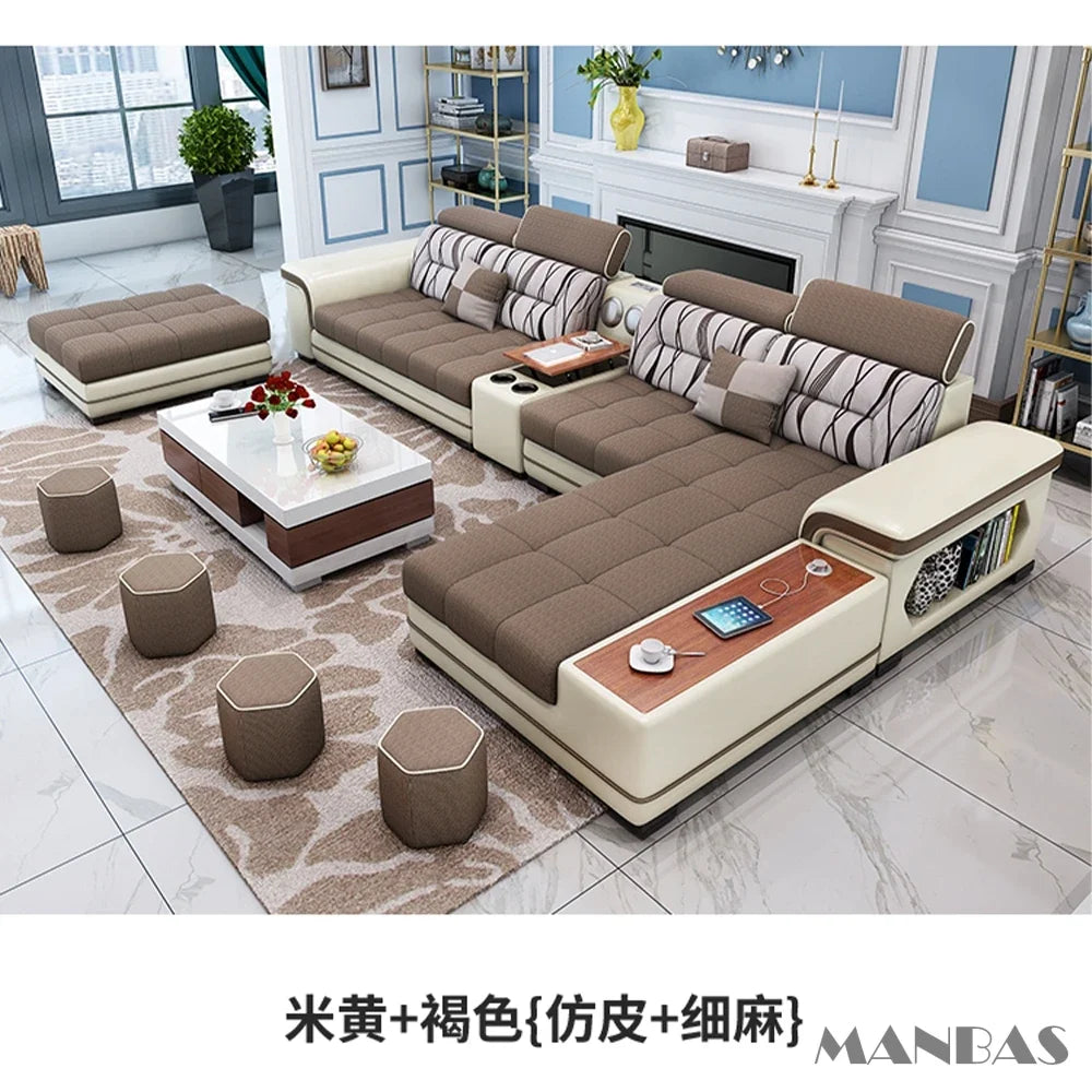Big U-Shape Coth Living Room Sofa Sets with USB, Speaker, Stools,Bluetooth - Linlamlim Fabric Sectional Sofas for Home Furniture