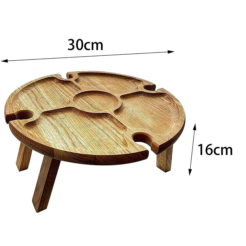 1Pc Wooden Round Foldable Tables Dried Fruit Tray With Wine Glass Holder For Outdoor Picnic Garden Party Fruit Snack Pastry Tray