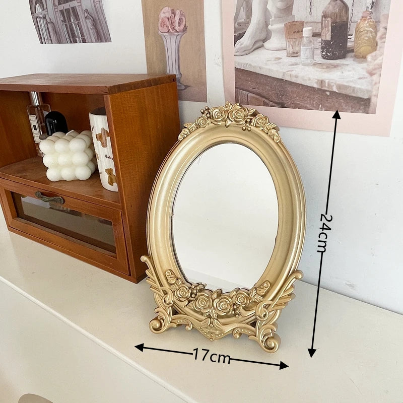 Rustic French Palace Style Carving Frame Table Mirror Gold Mirror Tray Home Decorative Mirror Bedroom Table Makeup Mirror