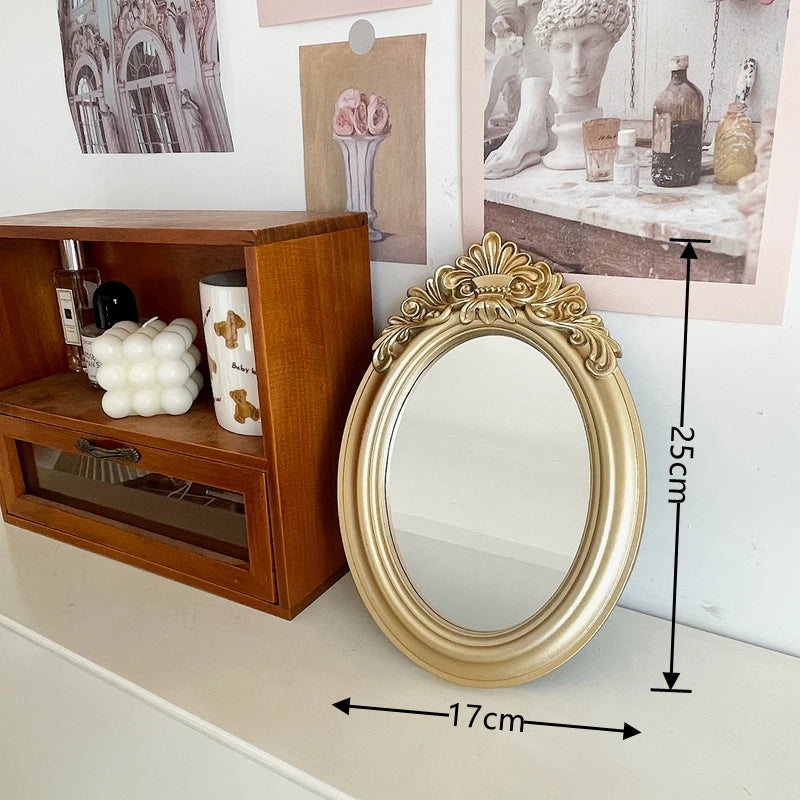Rustic French Palace Style Carving Frame Table Mirror Gold Mirror Tray Home Decorative Mirror Bedroom Table Makeup Mirror
