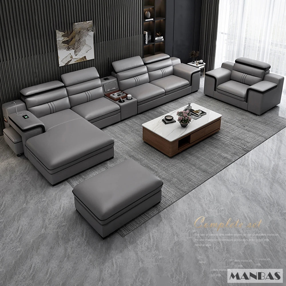 MINGDIBAO Leather Sectional Sofa Set with Cup Holder, USB, Adjustable Headrests & Bluetooth Speaker Living Room Couch with Stool