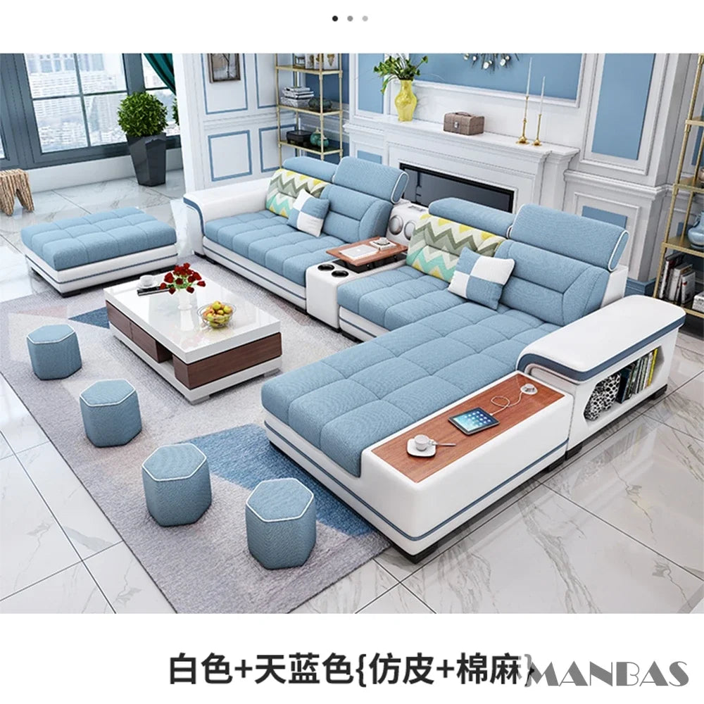 Big U-Shape Coth Living Room Sofa Sets with USB, Speaker, Stools,Bluetooth - Linlamlim Fabric Sectional Sofas for Home Furniture