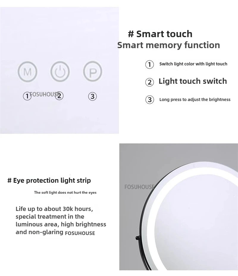 Modern Bedroom Dressing Table Round Mirrors Light Luxury Makeup Mirror with LED Light Desktop Fill Light Charging Smart Mirror