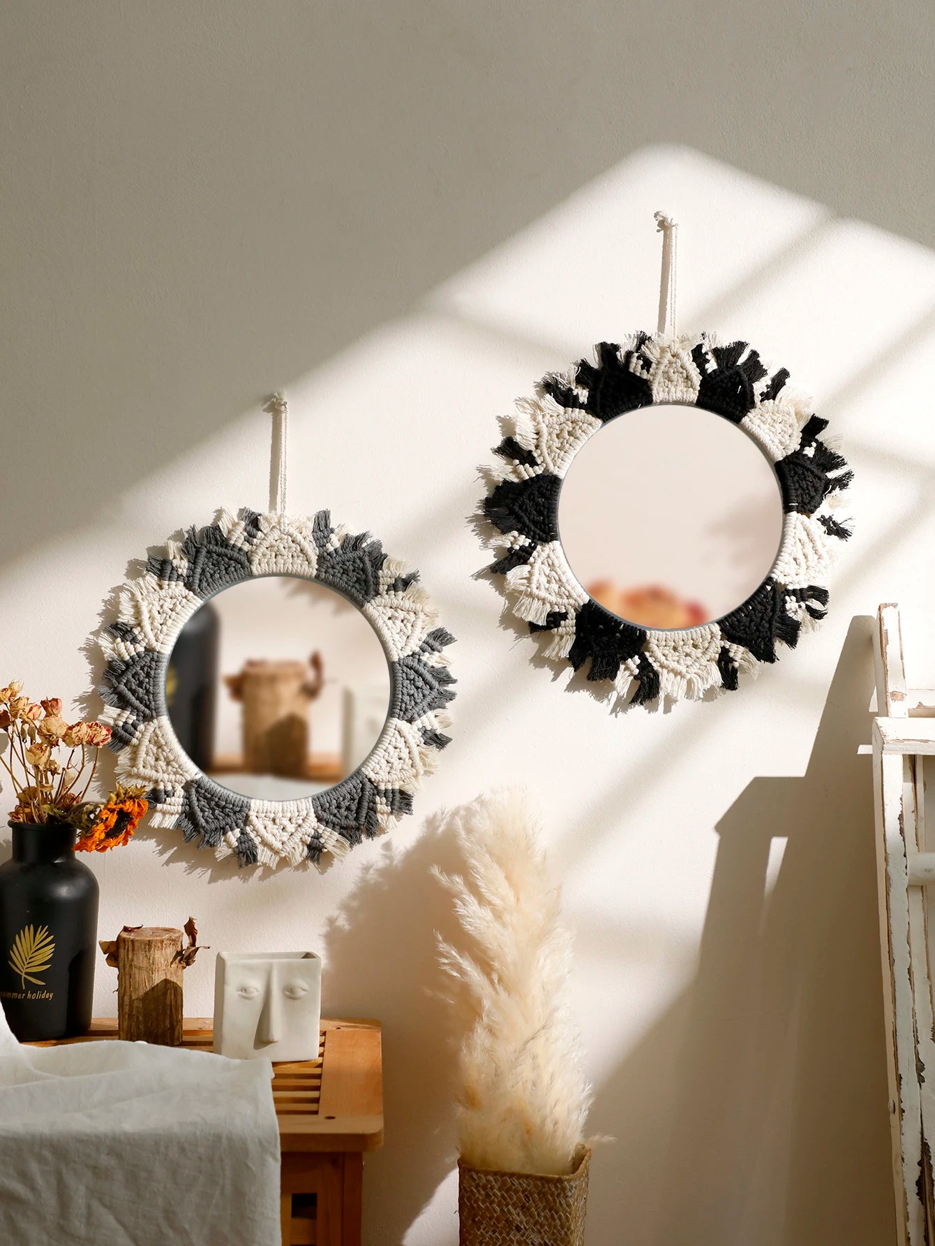 Macrame Mirror Black Gray Decorative Mirrors Boho Home Decoration Handmade Wall Decor Bedroom Living Room Decors Aesthetic Gift