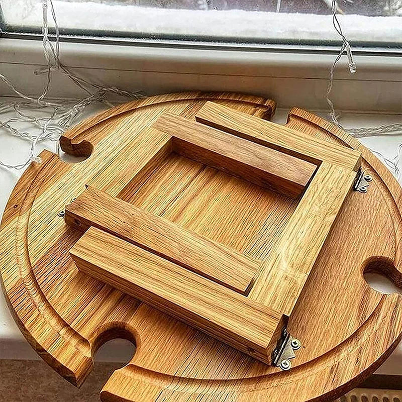 1Pc Wooden Round Foldable Tables Dried Fruit Tray With Wine Glass Holder For Outdoor Picnic Garden Party Fruit Snack Pastry Tray
