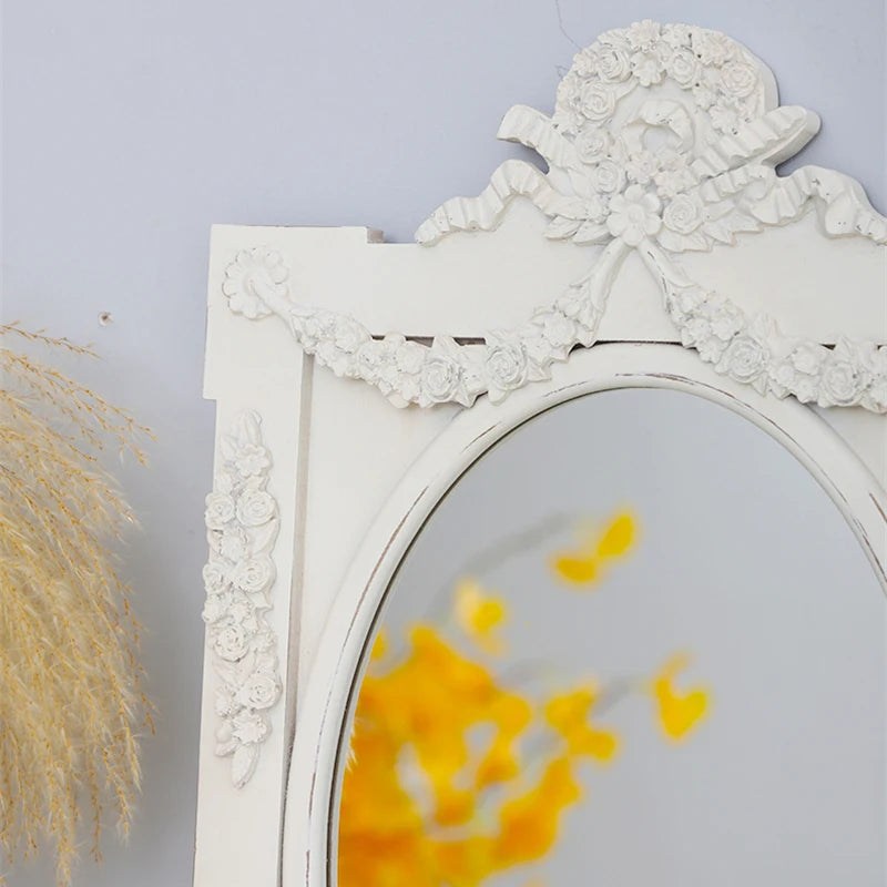 French Retro Makeup Mirror Dressing Table Pink Princess Decorative Mirror Wooden Resin Hand-carved Wall Mirror Wall Home Decor