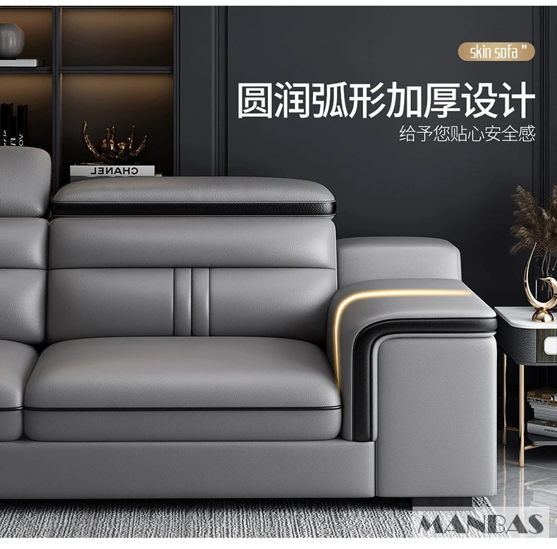 MINGDIBAO Leather Sectional Sofa Set with Cup Holder, USB, Adjustable Headrests & Bluetooth Speaker Living Room Couch with Stool