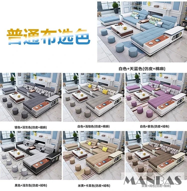Big U-Shape Coth Living Room Sofa Sets with USB, Speaker, Stools,Bluetooth - Linlamlim Fabric Sectional Sofas for Home Furniture