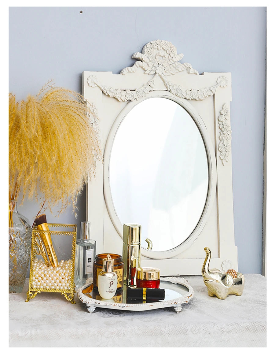 French Retro Makeup Mirror Dressing Table Pink Princess Decorative Mirror Wooden Resin Hand-carved Wall Mirror Wall Home Decor