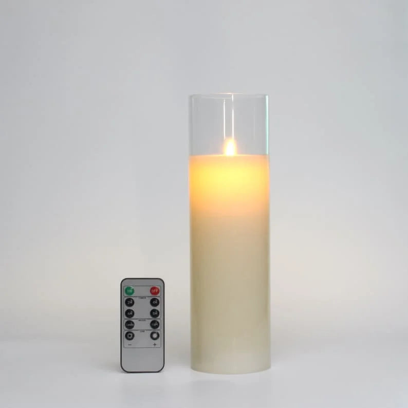 LED Candles with Remote Control Cycling Timer 8" 10" 12" Glass Flameless Candles Battery Operated Real Wax Pillars Glass
