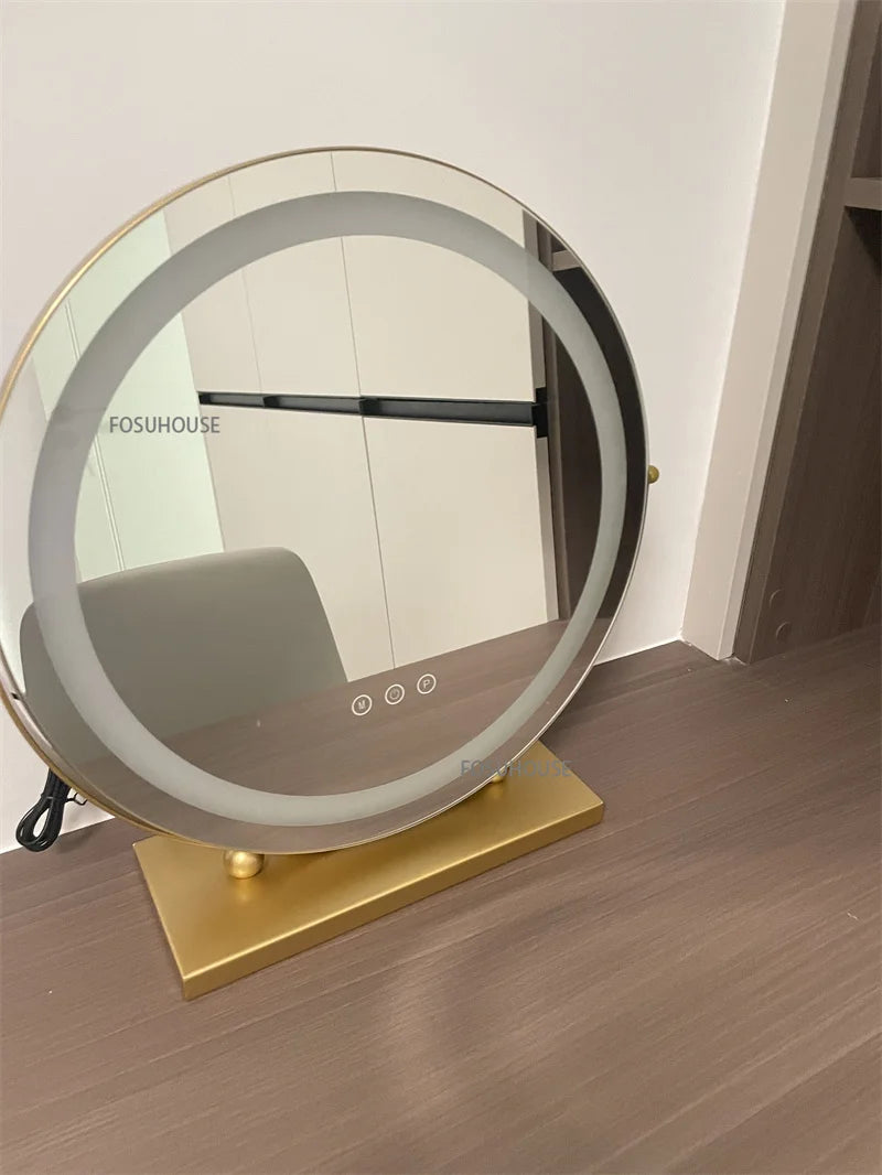 Modern Bedroom Dressing Table Round Mirrors Light Luxury Makeup Mirror with LED Light Desktop Fill Light Charging Smart Mirror