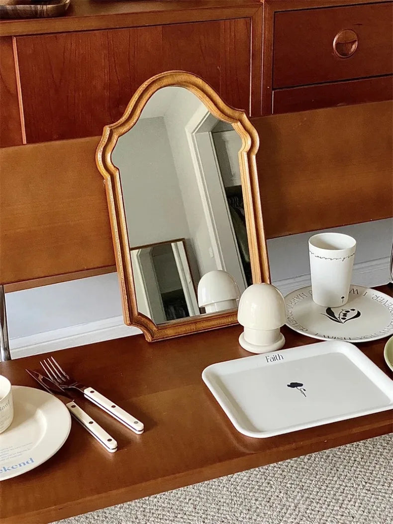 French Living Room Kitchen Decorative Mirrors Solid Wood Frame Homestay Makeup Mirror Retro Bedroom Wall-mounted Bathroom Mirror