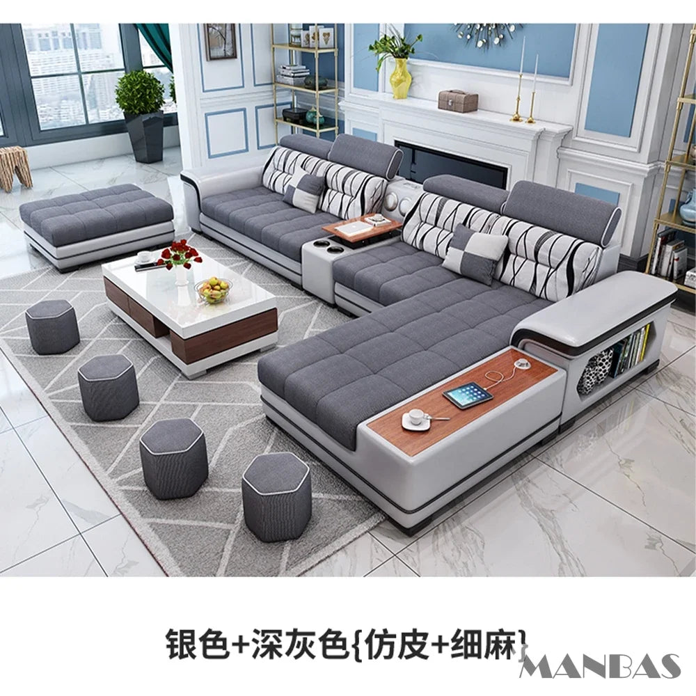 Big U-Shape Coth Living Room Sofa Sets with USB, Speaker, Stools,Bluetooth - Linlamlim Fabric Sectional Sofas for Home Furniture