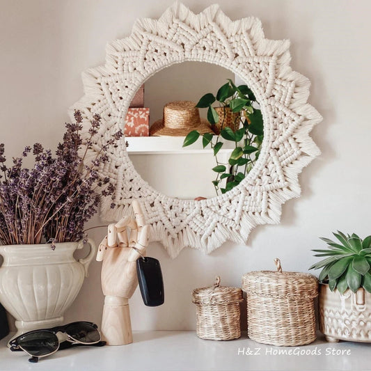 Bohemia Macrame Handmade Makeup Decorative Mirror Wall Tapestry For Bedroom Livingroom Bathroom Home Decor  Shower Round Mirrors
