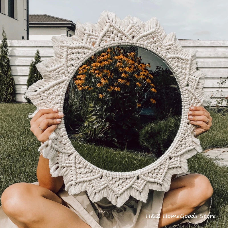 Bohemia Macrame Handmade Makeup Decorative Mirror Wall Tapestry For Bedroom Livingroom Bathroom Home Decor  Shower Round Mirrors