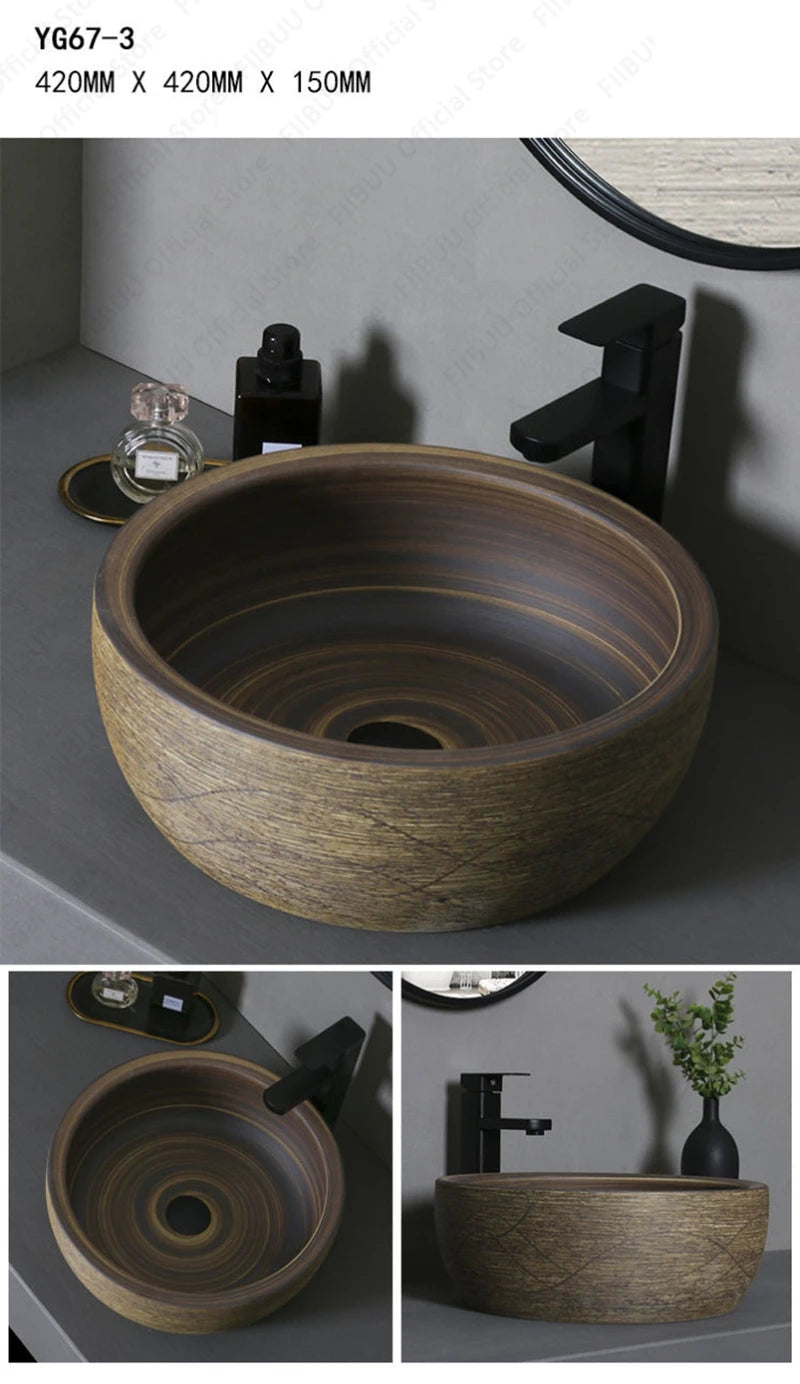Brown Ceramic Vessel Sink Vanity Bowl Oval Bathroom Table Sink Lavatory Balcony Art Basin Above Counter Pedestal Washing Basin