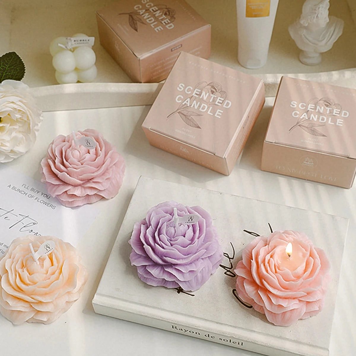 3D Peony Aromatic Candle Creative Flower Shape Aromatherapy Wedding Decor Gifts Box Valentine's Day Scented Souvenir Ornament