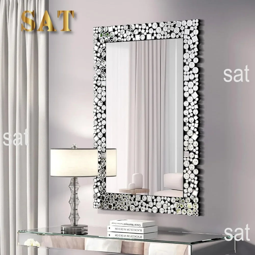 Crystal Crush Diamond Wall Mirror, 46.5 x 30.5 Inch Silver Mirror for Wall Decor, Large Wall Mirrors for Living Room, Bathroom