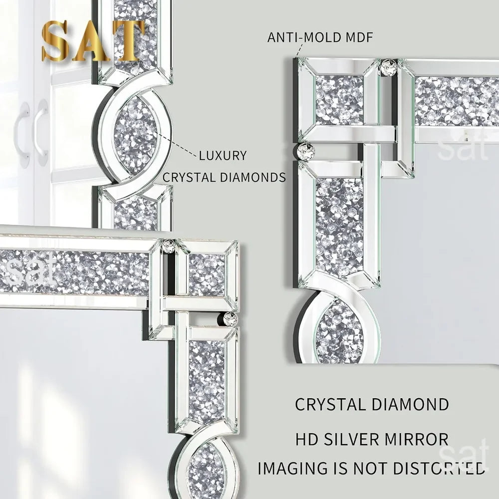 Crystal Crush Diamond Wall Mirror, 46.5 x 30.5 Inch Silver Mirror for Wall Decor, Large Wall Mirrors for Living Room, Bathroom