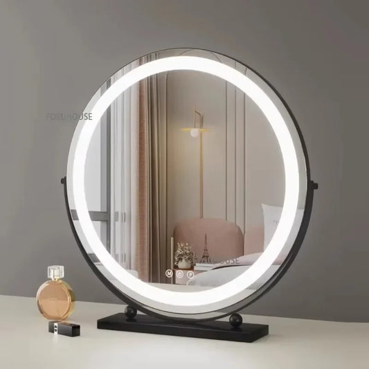 Modern Bedroom Dressing Table Round Mirrors Light Luxury Makeup Mirror with LED Light Desktop Fill Light Charging Smart Mirror