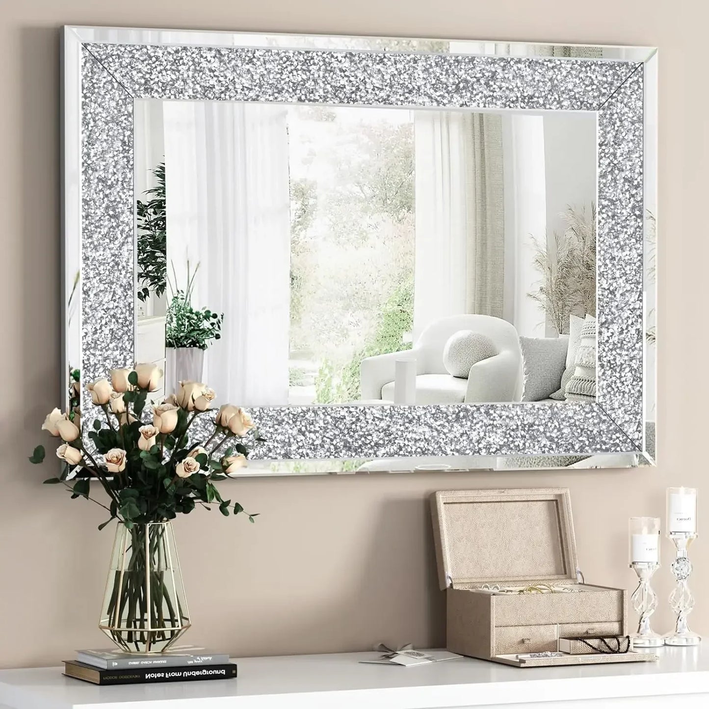 Crystal Crush Diamond Wall Mirror, 46.5 x 30.5 Inch Silver Mirror for Wall Decor, Large Wall Mirrors for Living Room, Bathroom