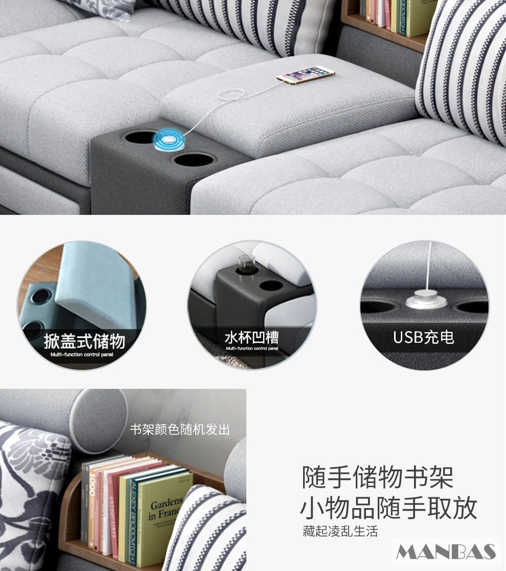 MINGDIBAO Fabric Sofa Set Furniture Living Room Sofa Set with USB and Stools / Big U Shape Cloth Couch Sofas for Home Furniture
