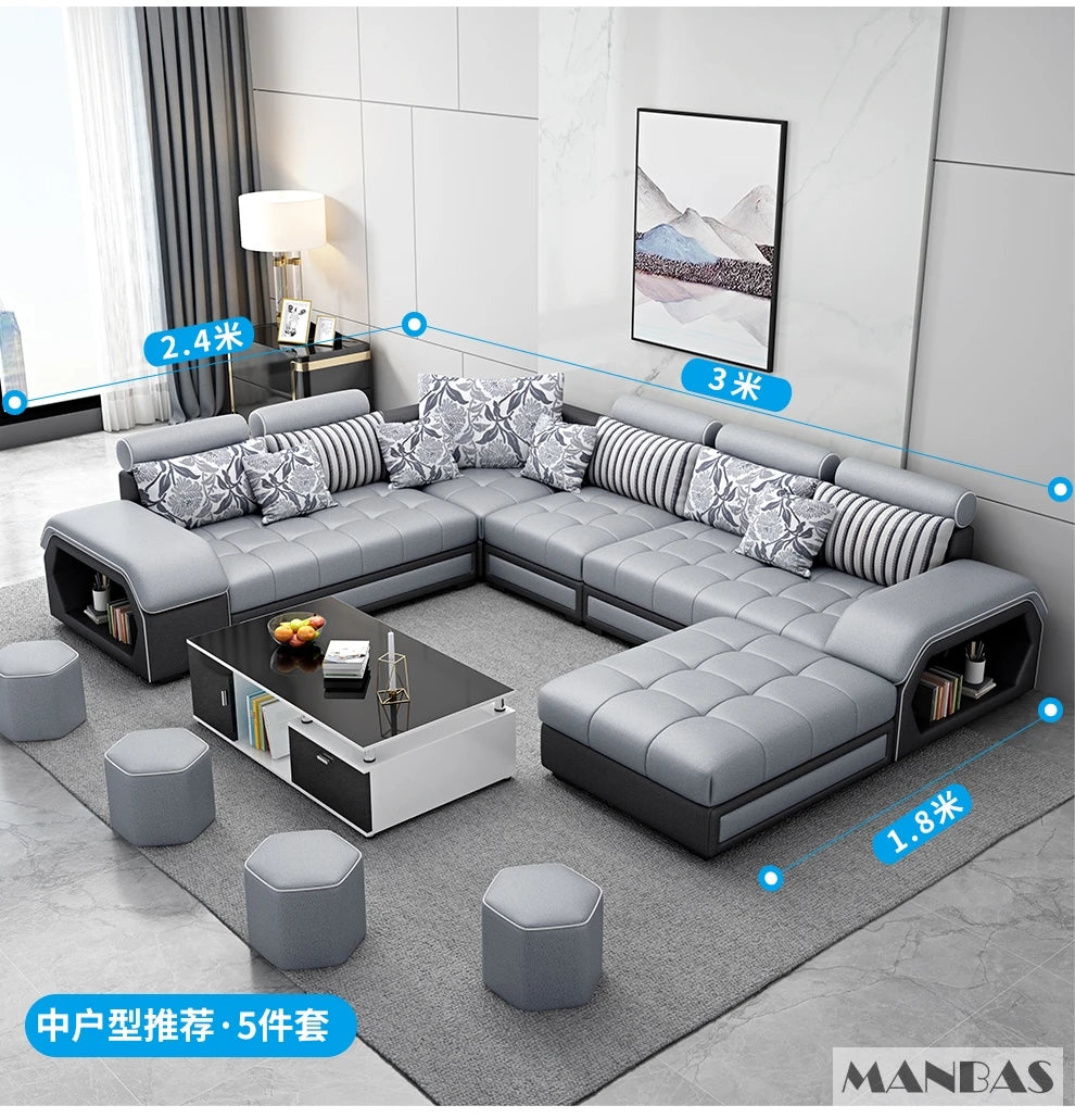 MINGDIBAO Fabric Sofa Set Furniture Living Room Sofa Set with USB and Stools / Big U Shape Cloth Couch Sofas for Home Furniture