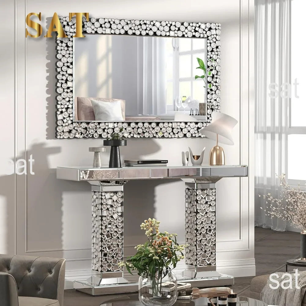 Crystal Crush Diamond Wall Mirror, 46.5 x 30.5 Inch Silver Mirror for Wall Decor, Large Wall Mirrors for Living Room, Bathroom