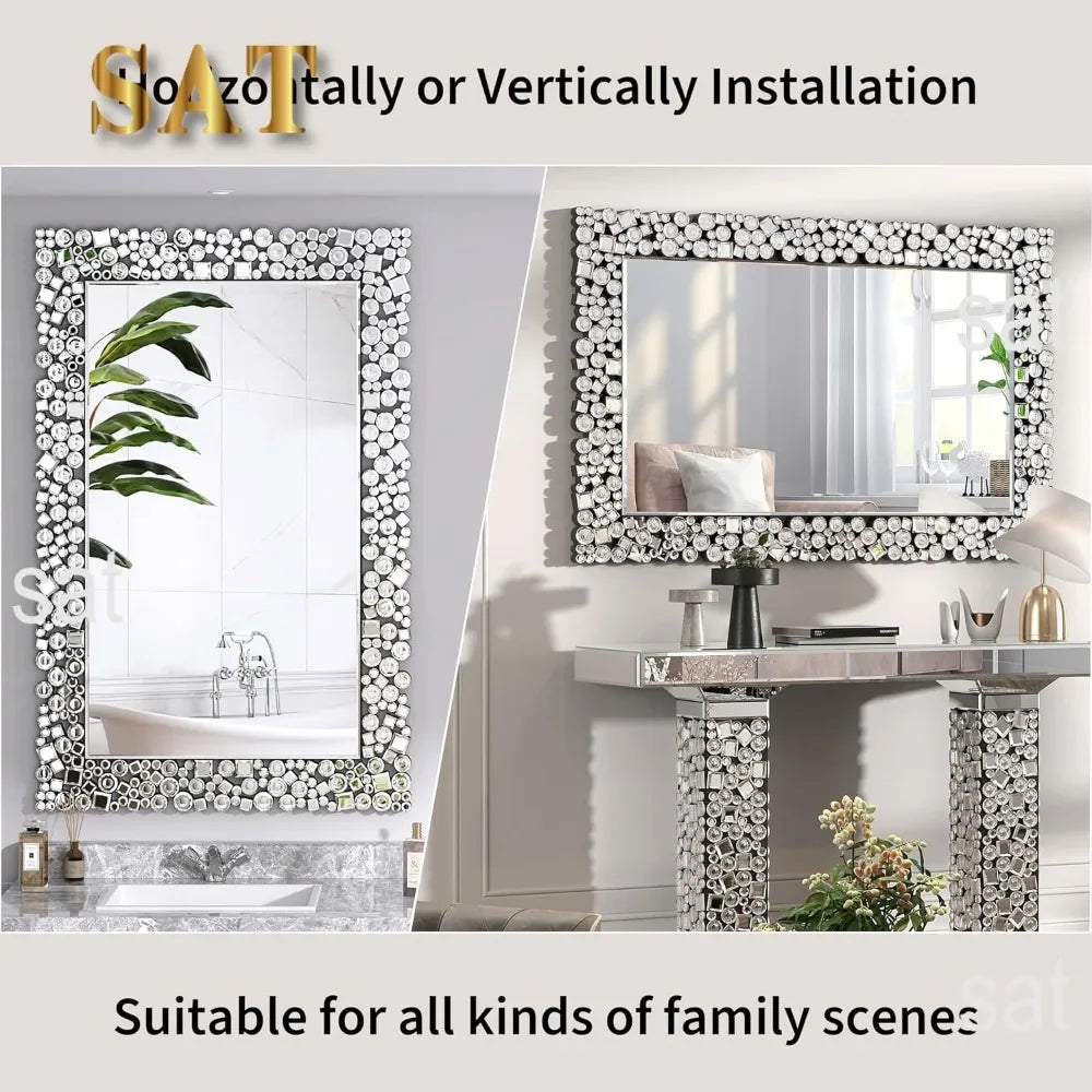 Crystal Crush Diamond Wall Mirror, 46.5 x 30.5 Inch Silver Mirror for Wall Decor, Large Wall Mirrors for Living Room, Bathroom