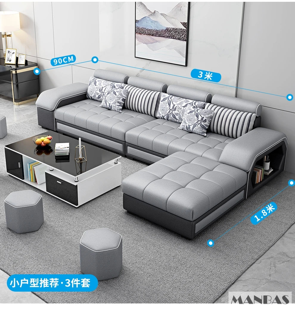 MINGDIBAO Fabric Sofa Set Furniture Living Room Sofa Set with USB and Stools / Big U Shape Cloth Couch Sofas for Home Furniture