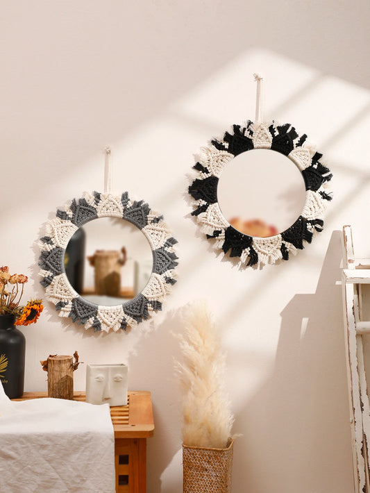 Macrame Mirror Black Gray Decorative Mirrors Boho Home Decoration Handmade Wall Decor Bedroom Living Room Decors Aesthetic Gift