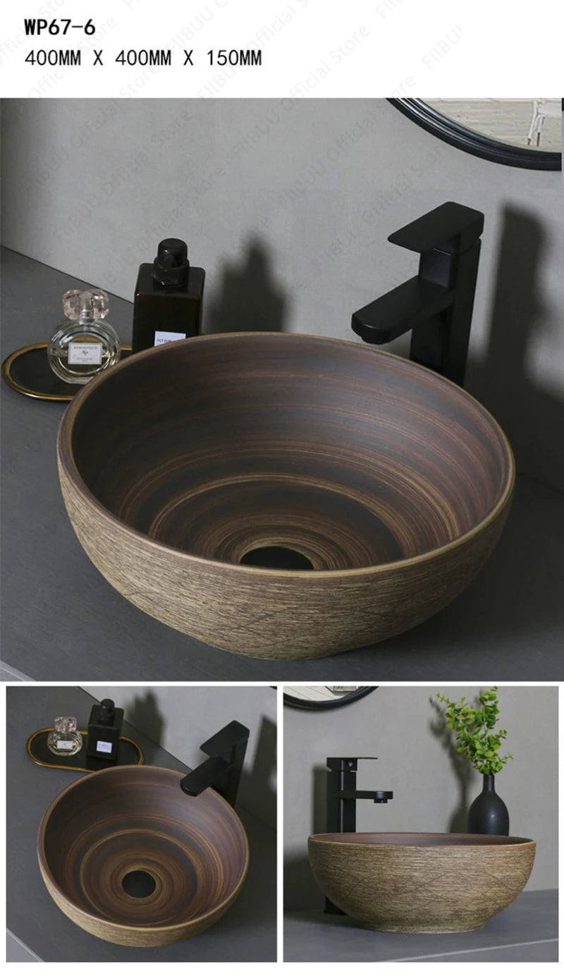 Brown Ceramic Vessel Sink Vanity Bowl Oval Bathroom Table Sink Lavatory Balcony Art Basin Above Counter Pedestal Washing Basin