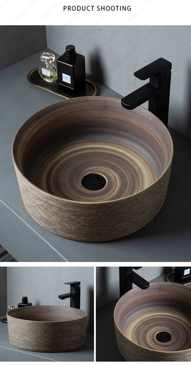 Brown Ceramic Vessel Sink Vanity Bowl Oval Bathroom Table Sink Lavatory Balcony Art Basin Above Counter Pedestal Washing Basin