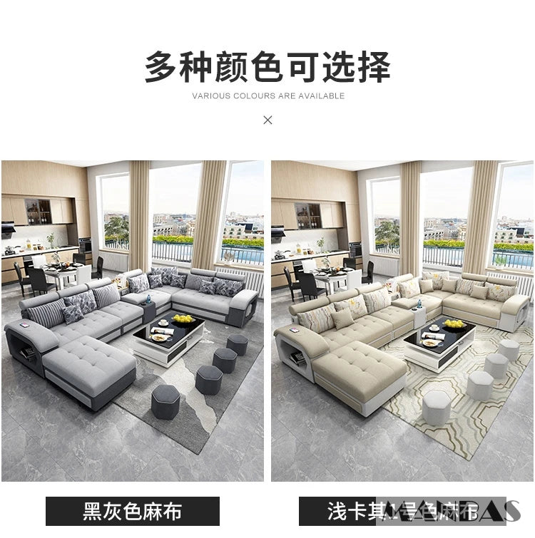 MINGDIBAO Fabric Sofa Set Furniture Living Room Sofa Set with USB and Stools / Big U Shape Cloth Couch Sofas for Home Furniture