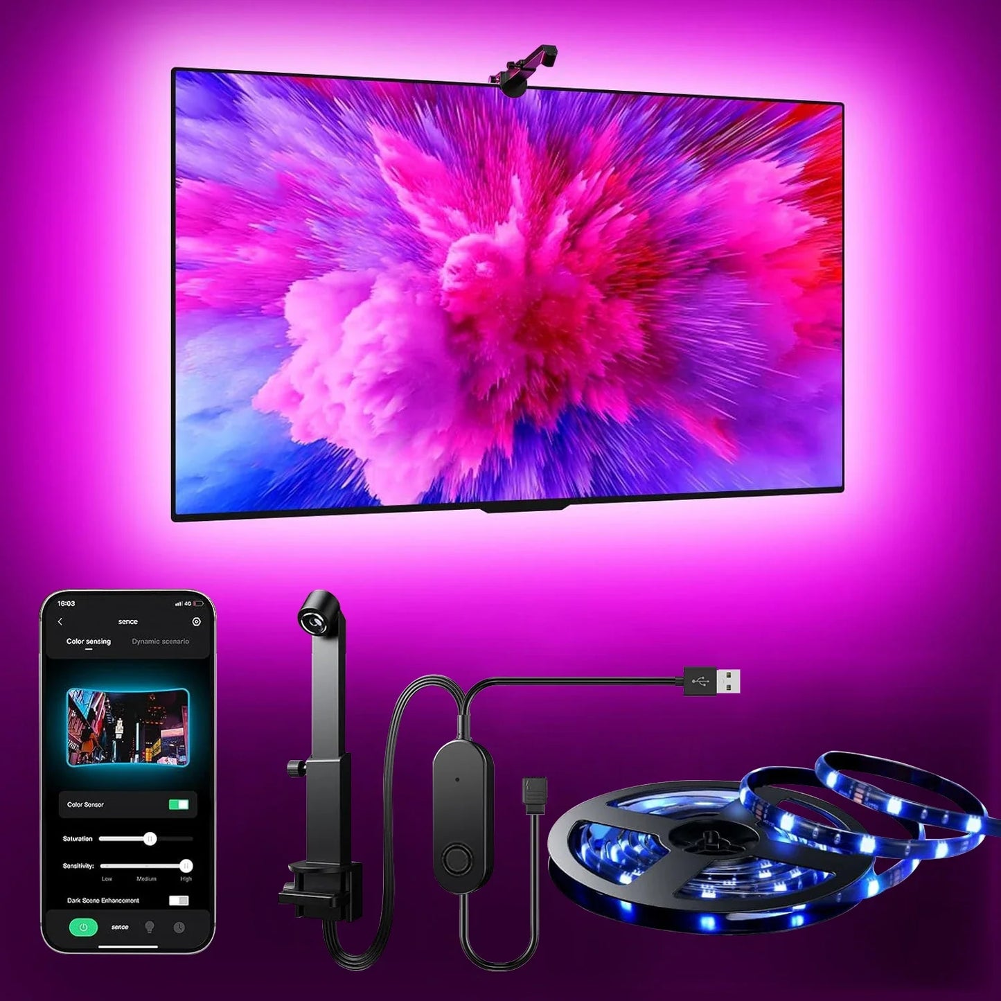 PC/TV Led Backlight RGBIC LED Strip Light with Color Picking Sensor App Control Music Sync Smart RGB Light for Gaming Atmosphere