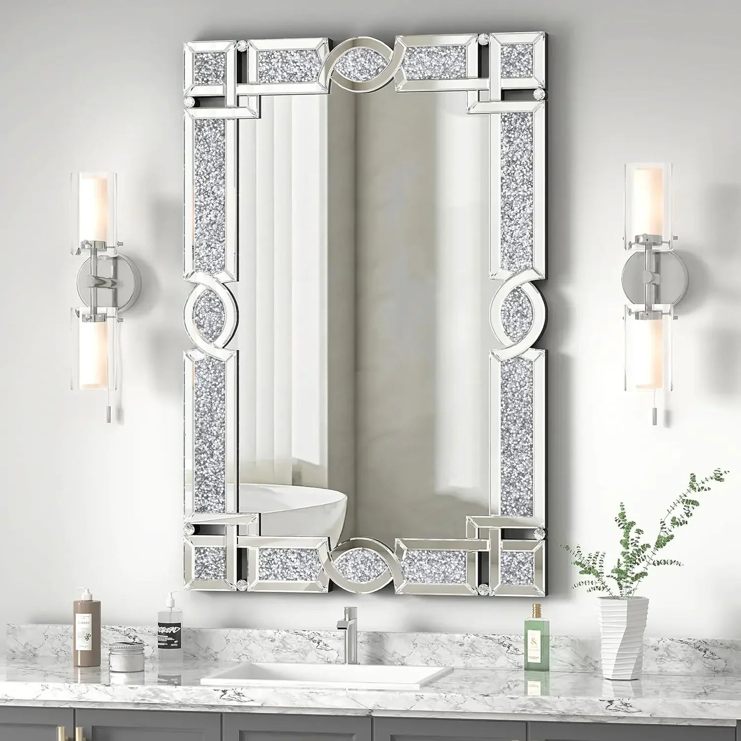 Crystal Crush Diamond Wall Mirror, 46.5 x 30.5 Inch Silver Mirror for Wall Decor, Large Wall Mirrors for Living Room, Bathroom