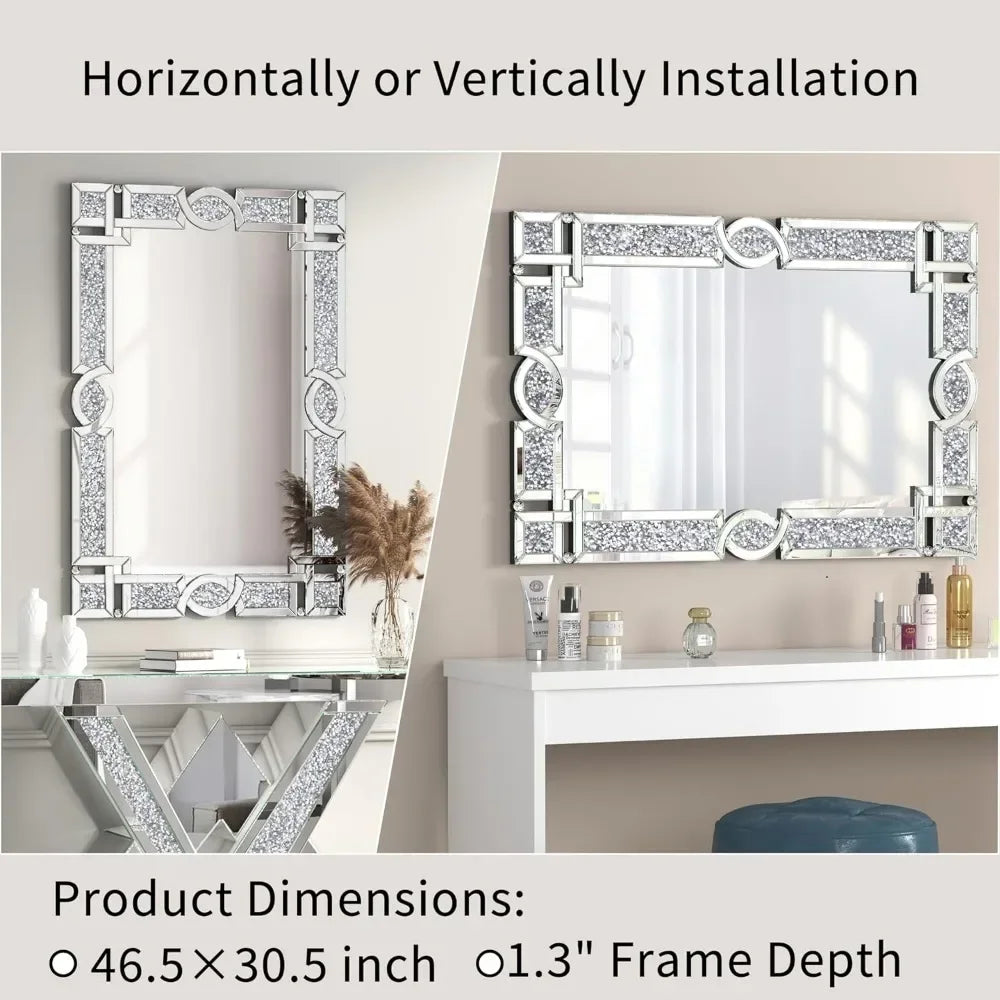 Crystal Crush Diamond Wall Mirror, 46.5 x 30.5 Inch Silver Mirror for Wall Decor, Large Wall Mirrors for Living Room, Bathroom