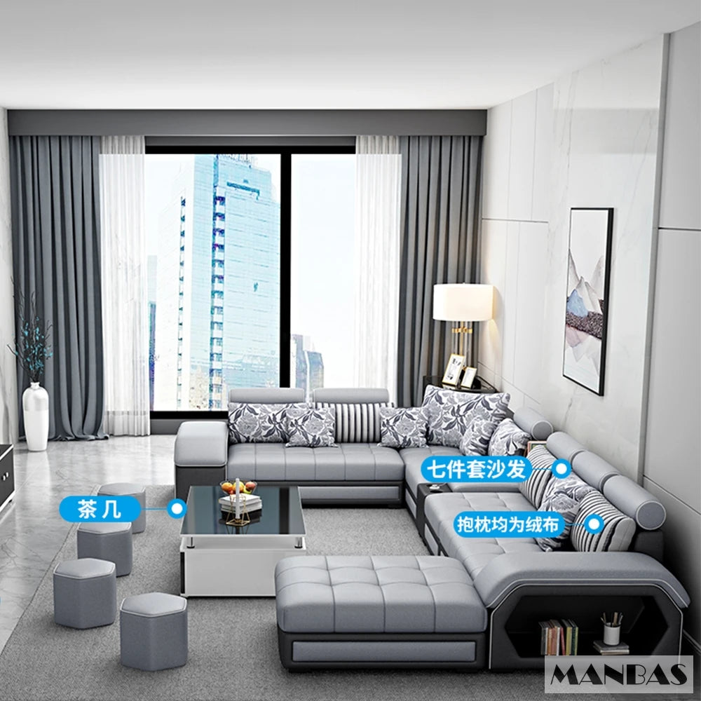 MINGDIBAO Fabric Sofa Set Furniture Living Room Sofa Set with USB and Stools / Big U Shape Cloth Couch Sofas for Home Furniture