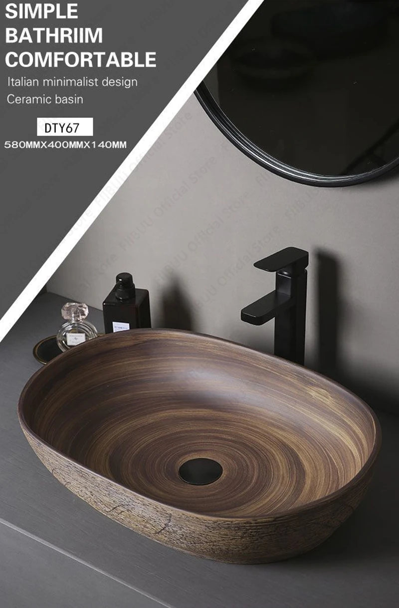 Brown Ceramic Vessel Sink Vanity Bowl Oval Bathroom Table Sink Lavatory Balcony Art Basin Above Counter Pedestal Washing Basin